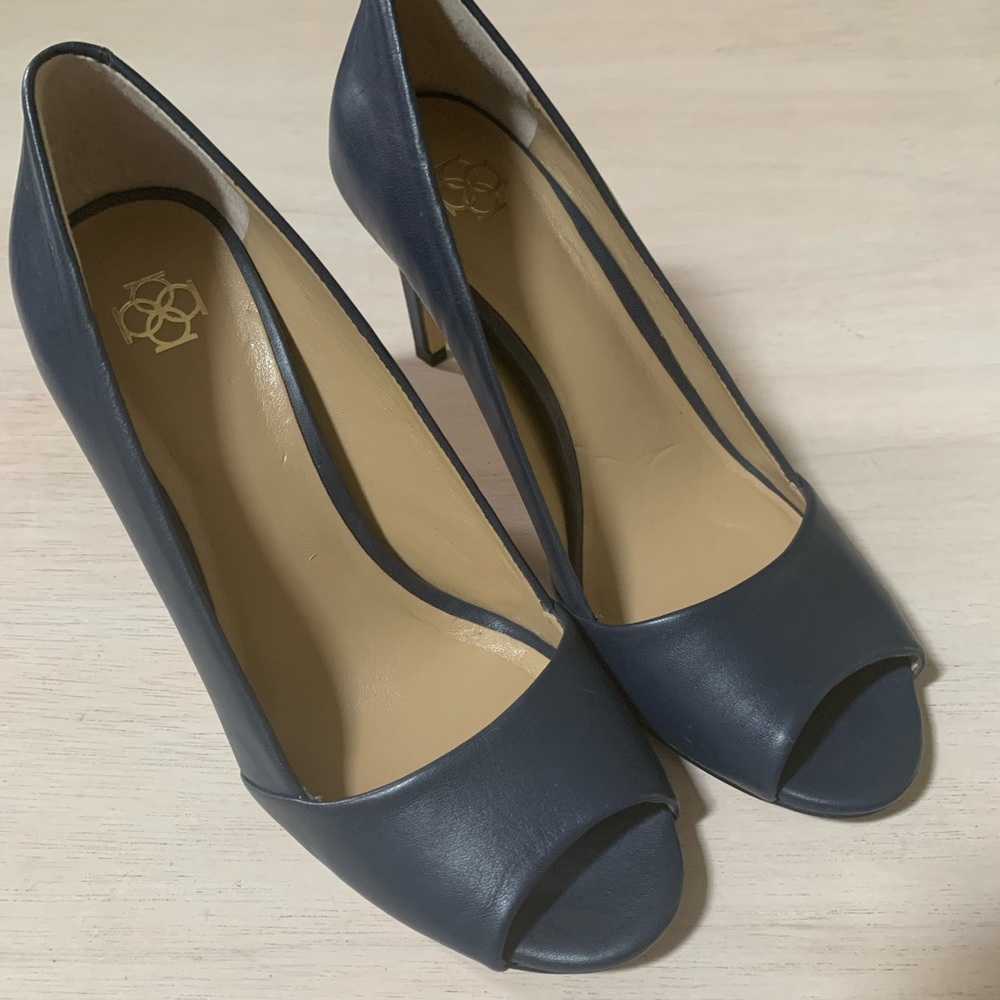 Ann Taylor Navy Leather Peep Toe Heels